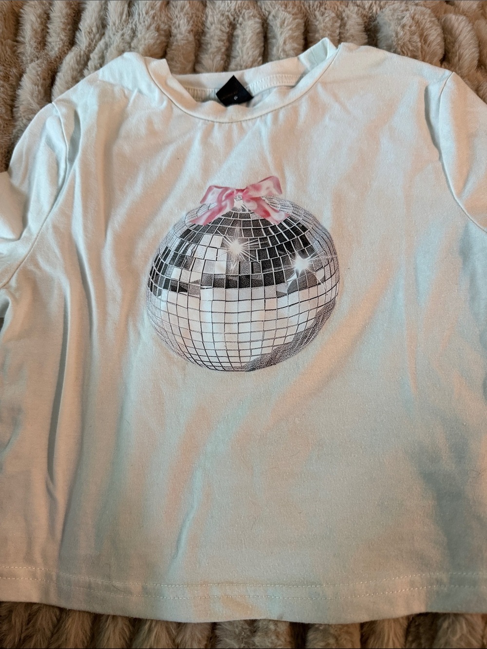 SHEIN White Long-Sleeve Top with Silver Disco Ball and Pink Bow